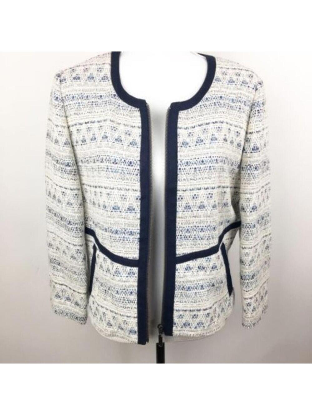 Hinge White Blue Metallic Tweed Zip Front Jacket Women’s Large